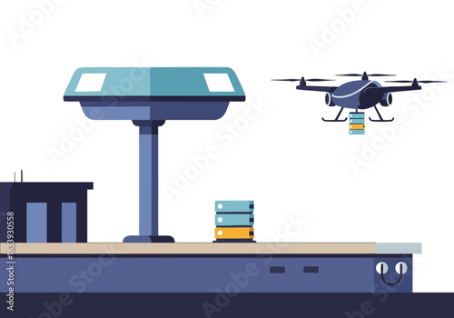 A futuristic drone performs a backup drop onto a platform, showcasing modern logistics and technology. Clean, graphic style.