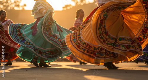 Vibrant Folk Dancers in Traditional Mexican Dresses, Golden Hour Sunlight, Festive Celebration