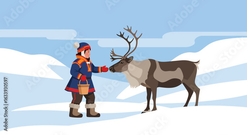 Young Herder Feeds Reindeer During The Cold Season On A Snowy Landscape