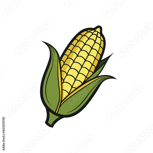 Sweet Corn Cob with Green Husk — Cartoon Vector Illustration