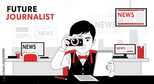Young Journalist Capturing News With Camera In Modern Office Setting