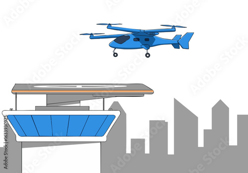 A futuristic electric vertical takeoff and landing (eVTOL) aircraft lands on a rooftop helipad within a city skyline. Modern design, blue color scheme, urban setting.