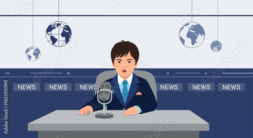 Young Journalist Giving The Latest News Report In A Studio Newsroom Cartoon