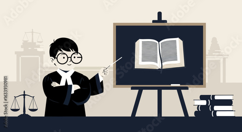 Young Lawyer Explaining The Law System With His Book At The Black Board