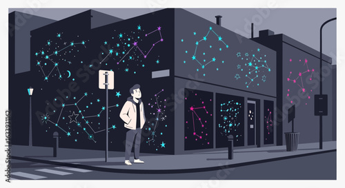 Young Man Admiring Constellation Art on Urban Building Facade at Night
