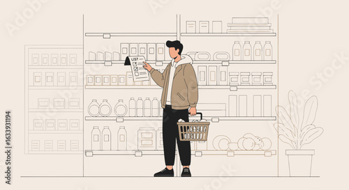Young Man Checking Shopping List at Grocery Store Amidst Aisle Shelves