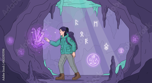 Young Woman Exploring Mystical Cave With Glowing Crystals And Ancient Symbols