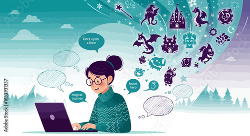 Young Woman Imagining Fantasy Worlds While Working on Laptop From Home