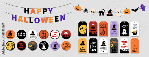 Happy Halloween Festive decoration set. Containing halloween garland, cute elements, gift tags, badges, stickers. Perfect for holiday party decor. Vector illustration.