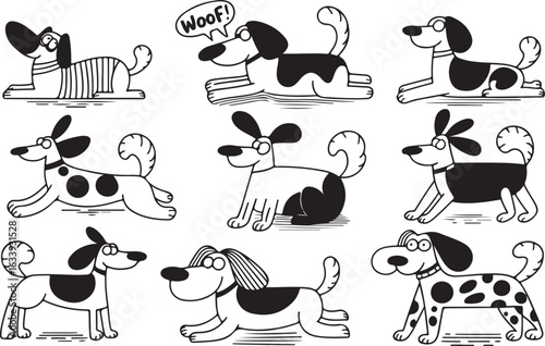 A cute collection of cartoon doodle pets, including dog, cat, bear, and other farm animals, depicted in black silhouette vector icons