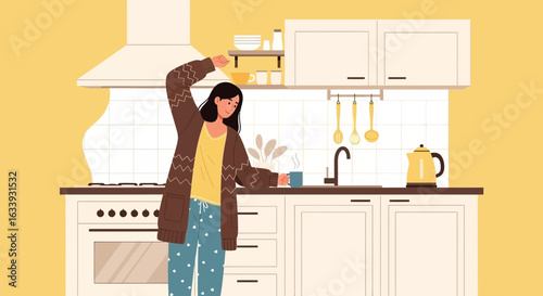 Young Woman Morning Stretching In Cozy Kitchen With Coffee Cup Concept