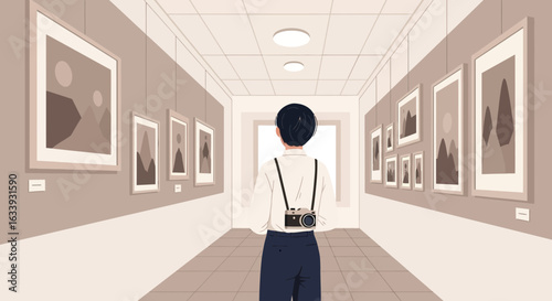 Young Man Exploring Art Gallery Exhibiting Contemporary Paintings Exhibition