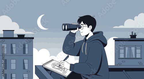 Young Man Exploring City From Rooftop Sketching His Finds At Night Time