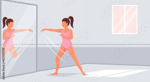 Young Woman Practicing Her Dance Moves in a Studio with a Mirror