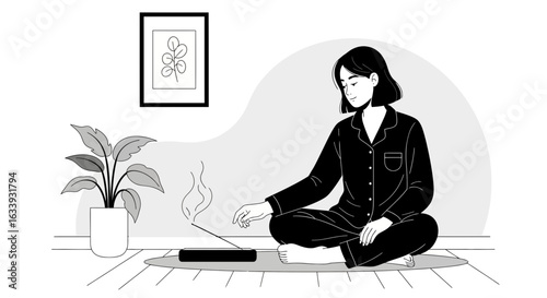 Young Woman Practicing Mindfulness With Incense In A Peaceful Monochrome Room