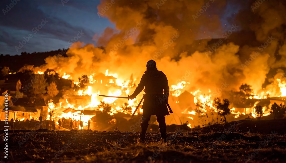 Fototapeta premium Warrior Silhouette Against Burning Village at Dusk