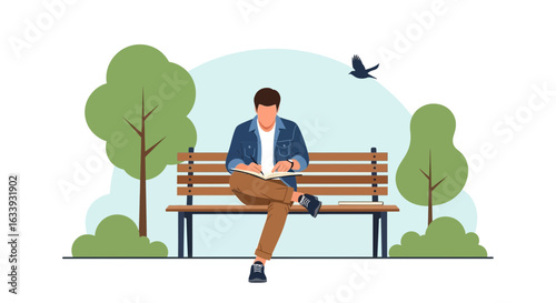 Young Man Relaxing On Bench And Enjoying A Book In A Serene City Park