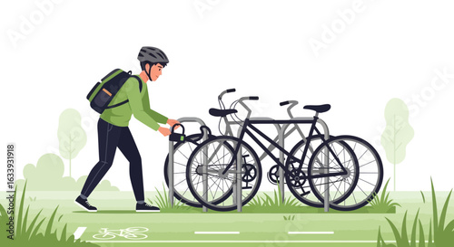 Young Man Securing His Bicycle at a Rack In Park Illustration