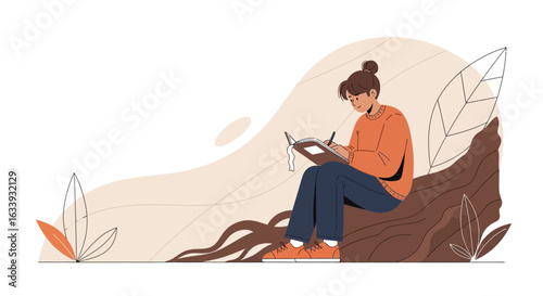 Young Woman Sits on Tree Trunk Writing in her Journal in Peaceful Nature