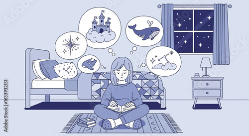 Young Woman Sitting On Rug In Bedroom Writing Dreams In Diary