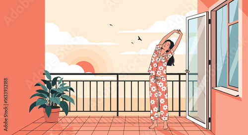 Young Woman Stretching on Balcony Enjoying Morning Sunrise in Her Pajamas