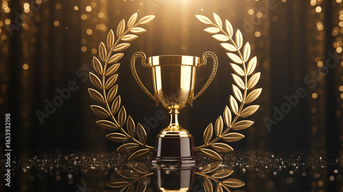 A luxurious award ceremony image featuring a golden trophy cup centered on a black reflective surface. The trophy has a classic design with two handles, a curved bowl shape, and sits on a dark base (