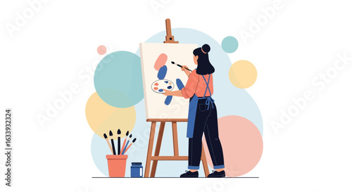 Young Woman With Easel Painting Abstract Canvas In Art Studio Isolated