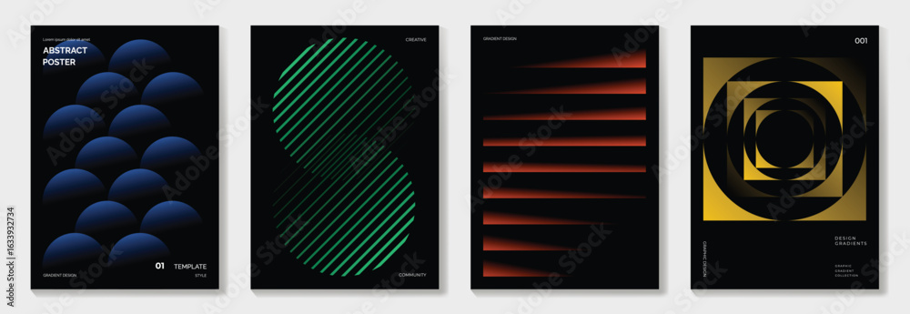 Fototapeta premium Modern gradient poster on dark background vector set. Cover template with vibrant perspective geometric shapes different. Modern Design for wall art, flyers, brochures, covers and web banners. 