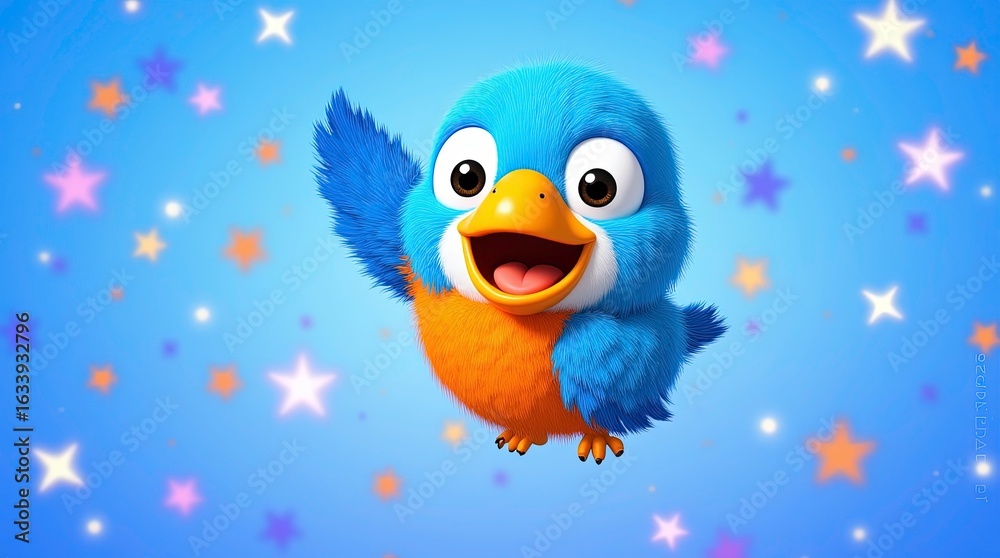 Naklejka premium a vibrant cheerful parrot with fluffy feathers in bright blue orange and white colors the parrot, 3d Illustrations