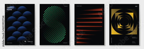 Modern gradient poster on dark background vector set. Cover template with vibrant perspective geometric shapes different. Modern Design for wall art, flyers, brochures, covers and web banners. 