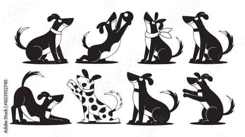 Vector illustration of dancing and jumping people, cats, and other animals in silhouette