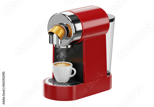 Fotografie Isolated Red Coffee Machine Dispensing Hot Espresso into a White Cup