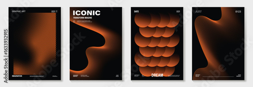Modern gradient poster on dark background vector set. Cover template with orange geometric shapes, wavy line, dot halftone. Modern Design for wall art, flyers, brochures, covers and web banners. 