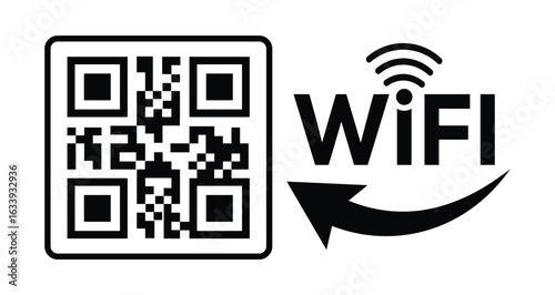 Minimalist black and white image featuring a QR code on the left and a WIFI symbol with circular arrow and text on the right. Clean, high-contrast design on plain white background.