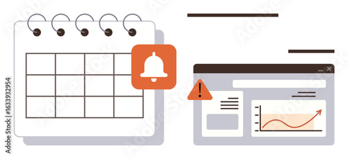 Calendar with notification bell, alert icon, and data chart on a web dashboard. Ideal for planning, scheduling, notifications, reminders, analytics task management productivity. Simple flat