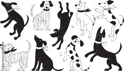 A vector illustration set of black animal silhouettes featuring common pets like cats and dogs, and wildlife such as bears and rabbits