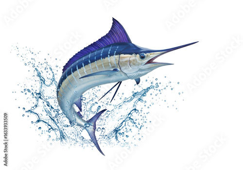 Isolated Dynamic Blue Marlin Fish Leaping Out of Splashing Water