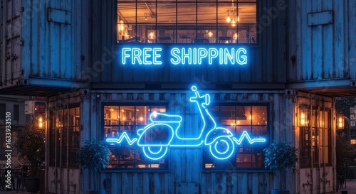 Neon free shipping sign above a scooter icon decorating a trendy container building