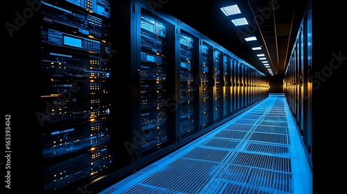 Server rack room interior with illuminated equipment.