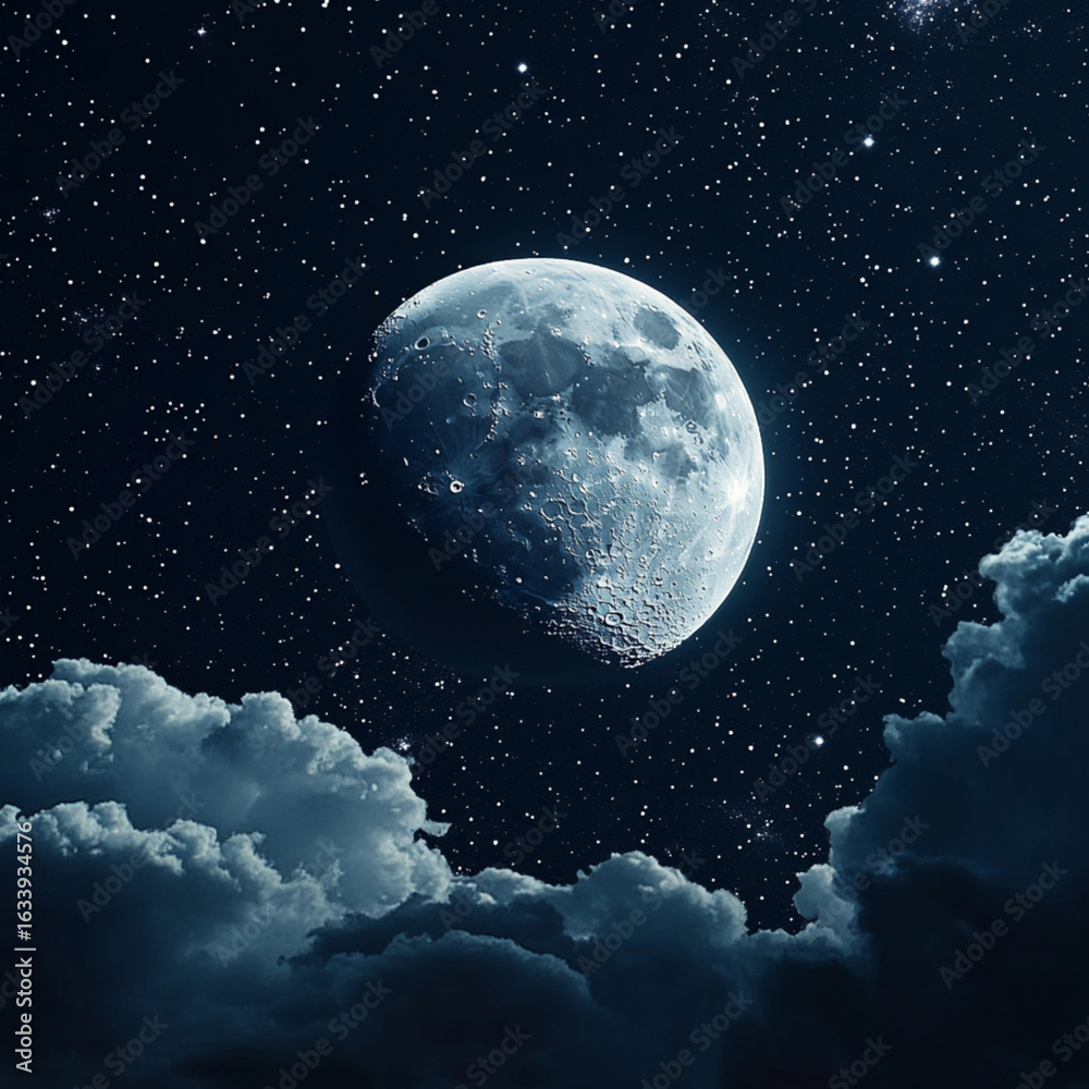Obraz premium The beautiful, mysterious Moon is visible in the night, starry sky, among fluffy, light clouds.