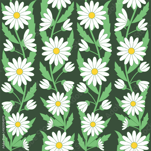 Seamless pattern of daisy garlands. White chamomiles on a dark green background. Floral vector illustration.
