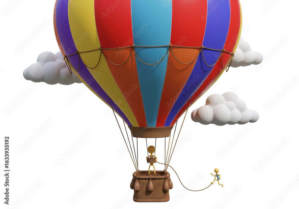 Fototapeta premium Isolated Colorful Hot Air Balloon with a Small Figure Escaping, Freedom Concept
