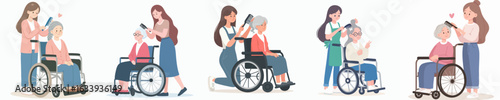 Stylized Digital Elderly Care With Assistant Illustration in Various Poses