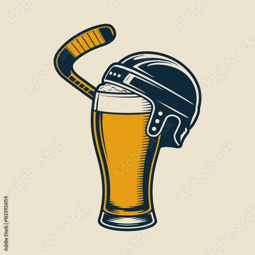 Beer Glass with Hockey Helmet and Stick Illustration
