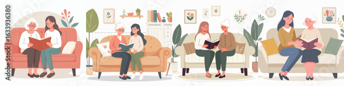 Flat Illustration Grandmother and Granddaughter Reading Together on Sofa Collection