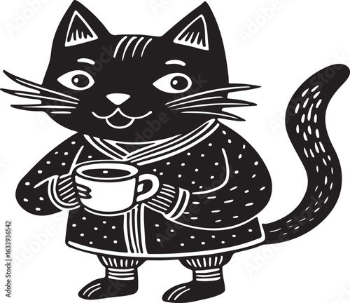 A fun and cute cartoon cat illustration with a black silhouette and long tail is a funny design for any pet lover