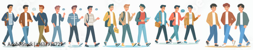 Flat Style Group of Male Students Walking Illustration Set