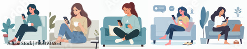 Flat Style Relaxing Woman Holding Phone and Drink on Sofa Illustration