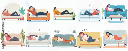 Modern Flat Illustration of People Relaxing on Sofa Set at Home