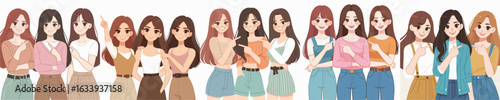 Cute Cartoon Style Group of Diverse Young Woman Illustration